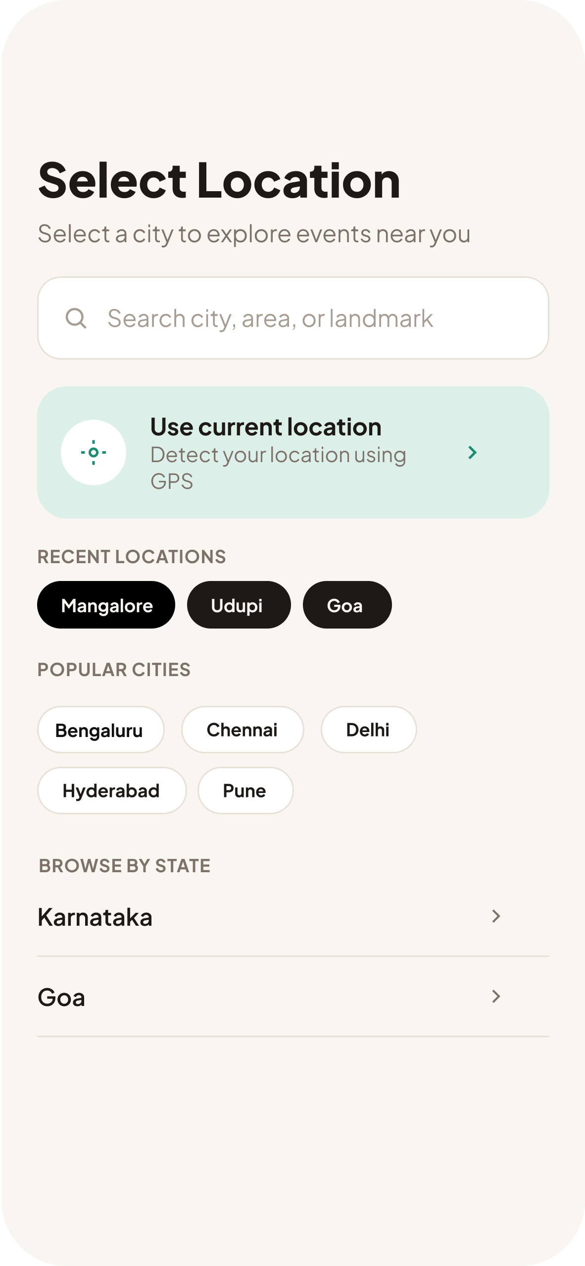 Select location screen